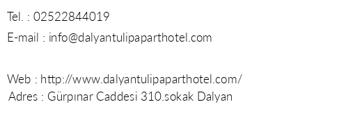 Dalyan Tulip Apart Hotel telefon numaralar, faks, e-mail, posta adresi ve iletiim bilgileri